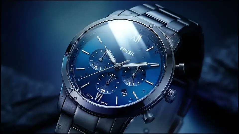 Fotograma del anuncio con IA de un reloj Fossil