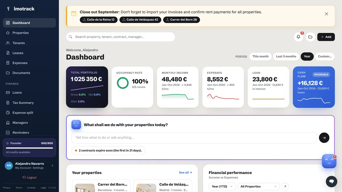 Panel web de Imotrack en una cuenta de demostración