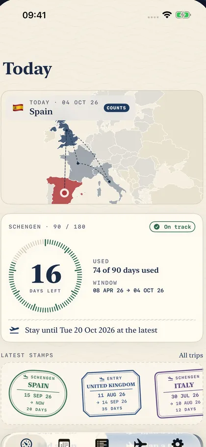 Pantalla del día de Passtally: quedan 16 de 90 días