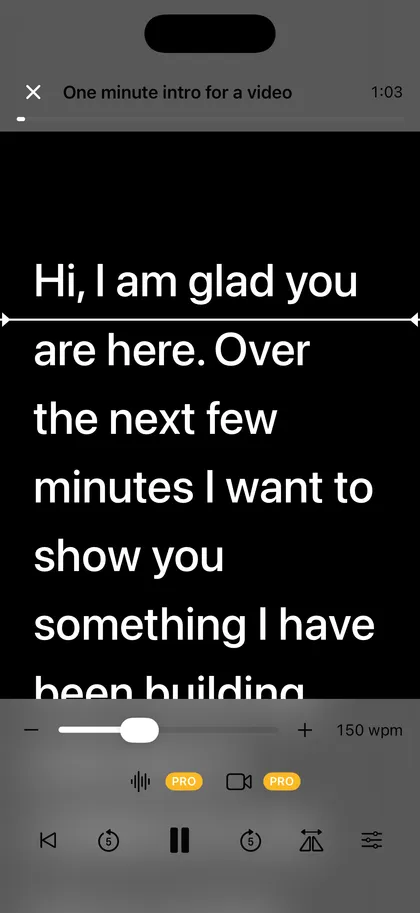Promptia en reproducción en iPhone: el texto avanza al ritmo elegido