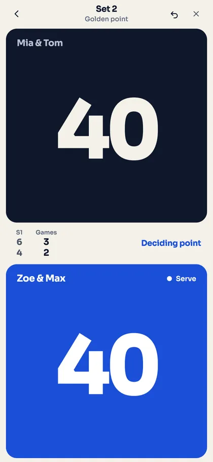 Punto Padel match screen on iPhone: 40 all in the second set